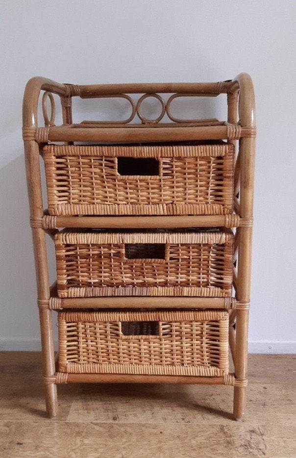 Rotan ladekastje met 3 manden - Vintage, Huis en Inrichting, Kasten | Ladekasten, Ophalen, Minder dan 50 cm, 3 of 4 laden, Minder dan 100 cm