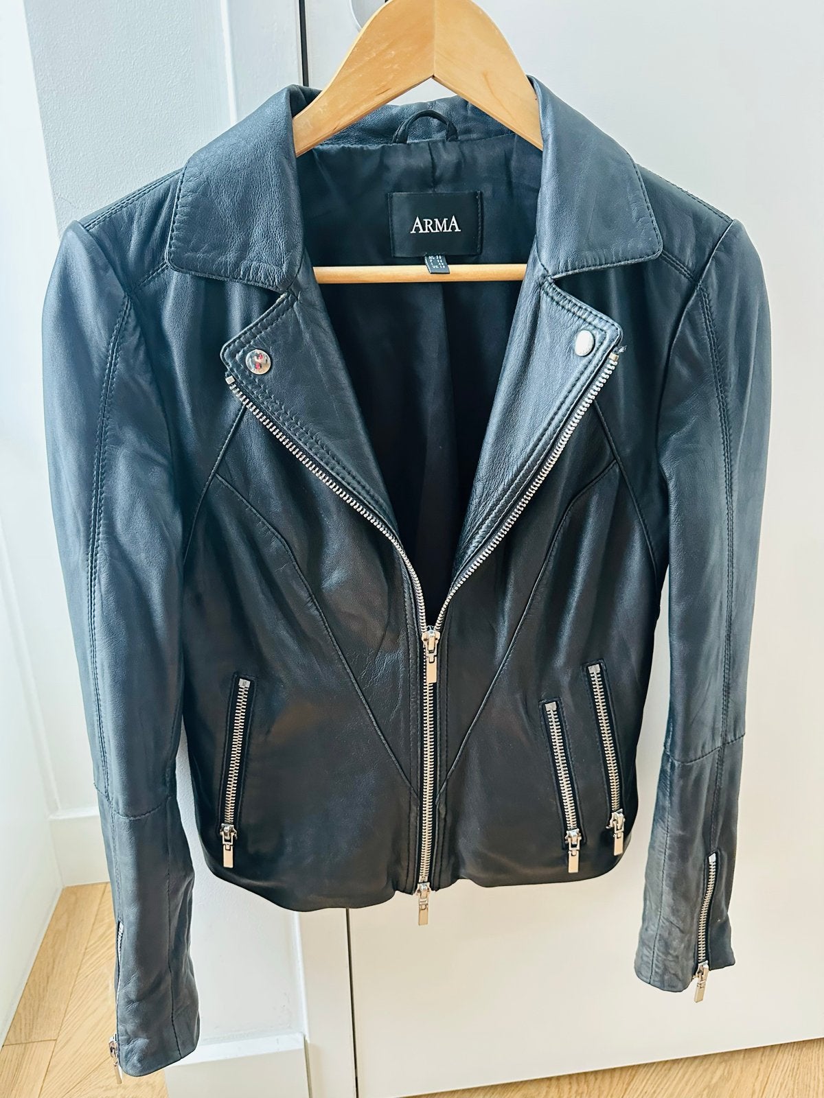 ARMA Leren Bikerjack Zwart - Maat 36 (S), Ophalen of Verzenden, Gedragen, Maat 36 (S), Zwart