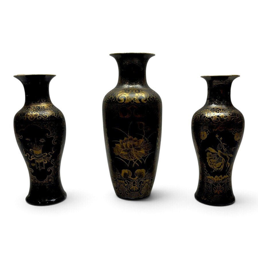 Drie 19e eeuwse Chinese vazen, mirror black decor, Ophalen of Verzenden
