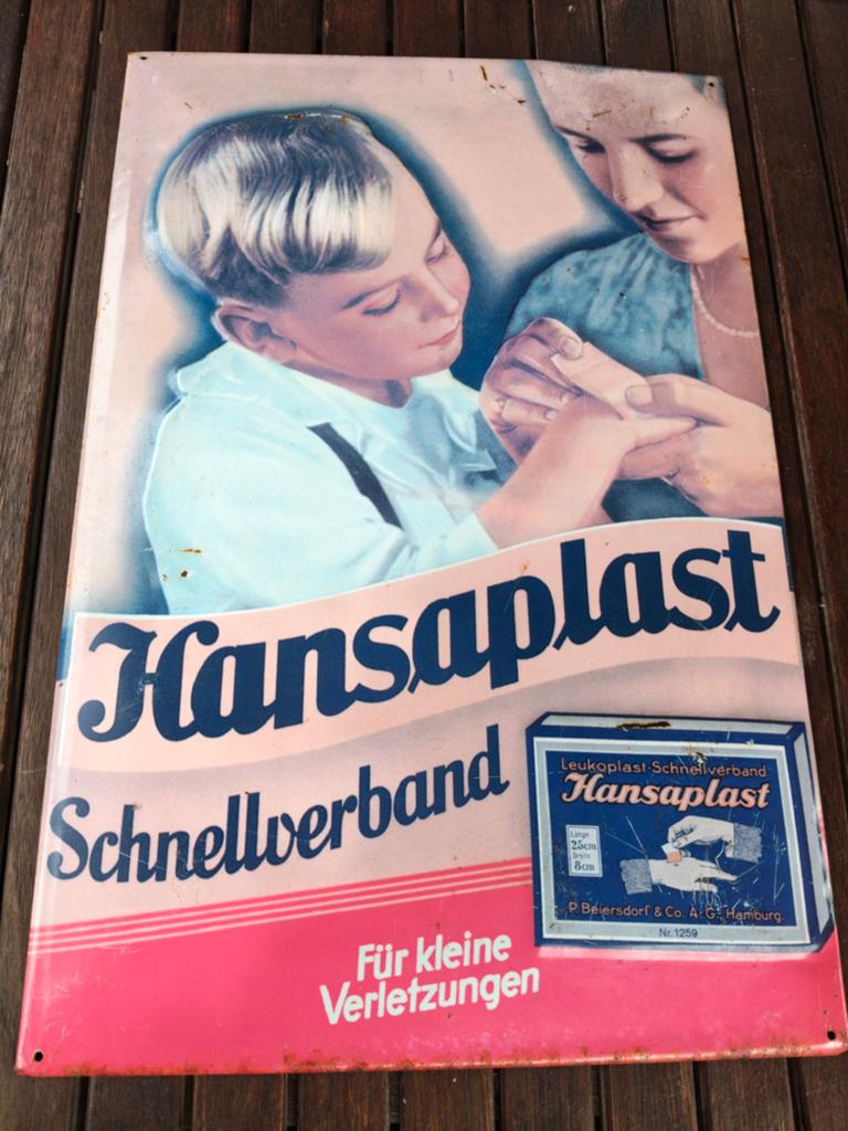 Vintage kleurrijk reclamebord Hansaplast blik geen emaille, Verzamelen, Ophalen, Gebruikt, Reclamebord