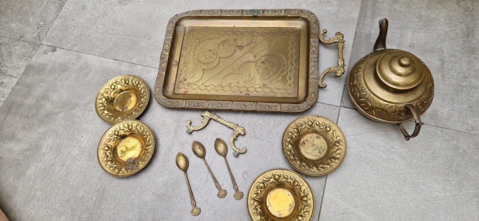 Antiek Koperen Theeservies met Dienblad, Ophalen of Verzenden, Koper