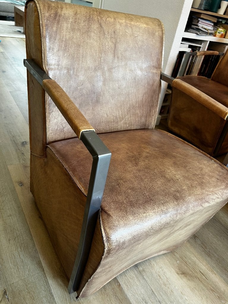 4 Buffellederen eetkamerstoelen, Huis en Inrichting, Stoelen, Ophalen, Gebruikt, Bruin, Landelijk, Robuust