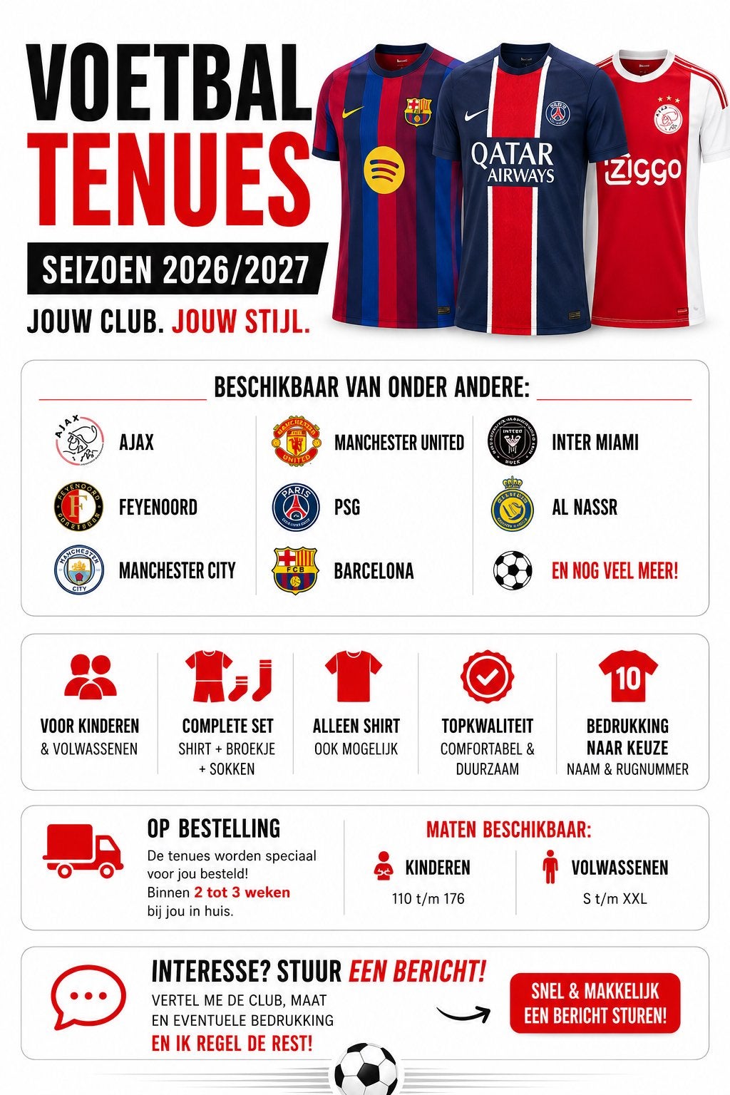 Voetbaltenues Seizoen 2026/2027 - Jouw Club, Jouw Stijl, Maat S, Ophalen of Verzenden, Nieuw, Set