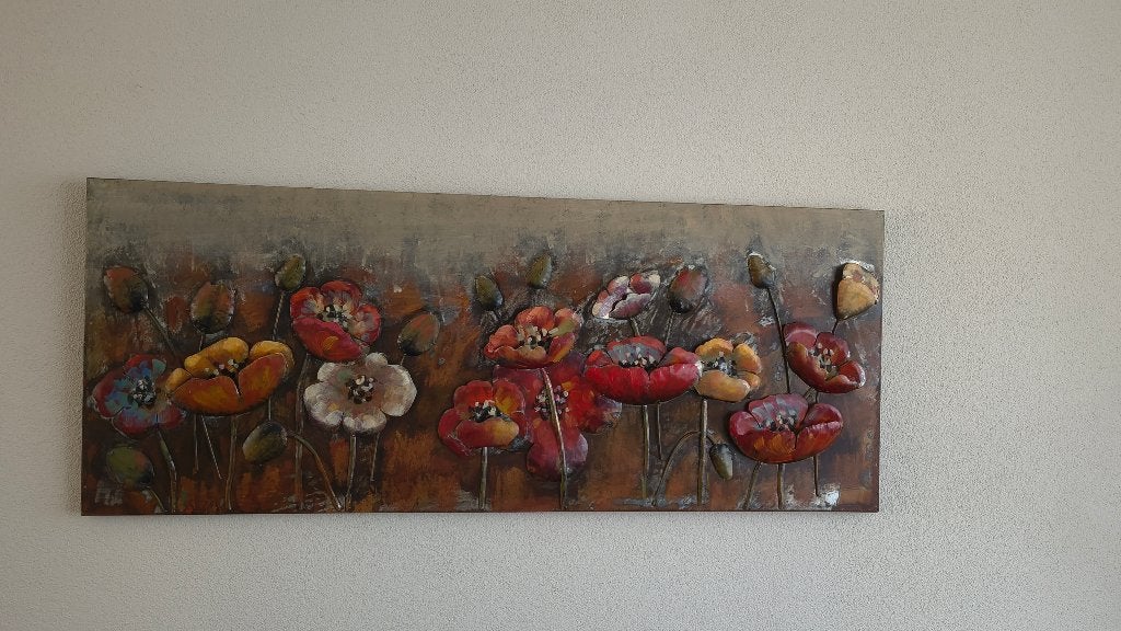 Metalen wanddecoratie met kleurrijke bloemen, Realistisch, Metaal, Origineel werk, Gemengde techniek