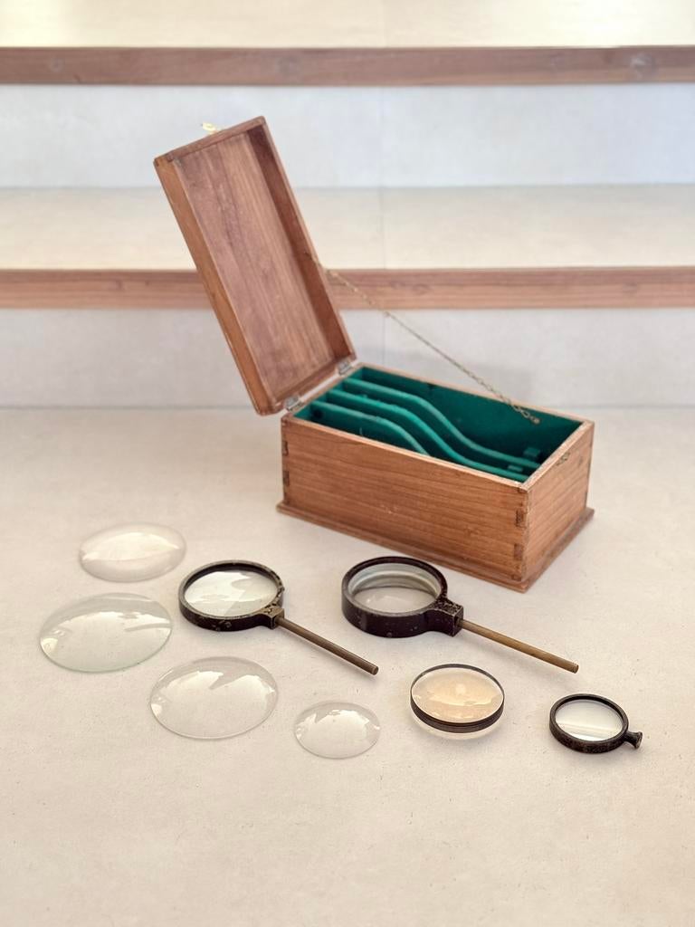 Vintage loepenset P.M. Tamson Den Haag houten doos, Ophalen of Verzenden