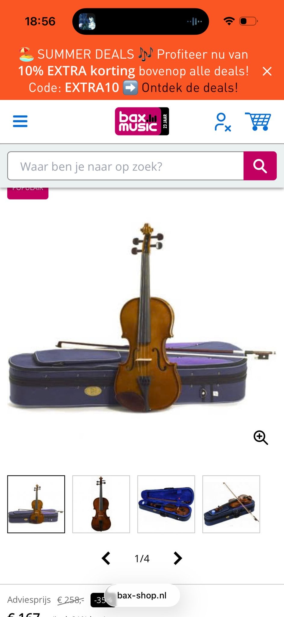 Viool met rode koffer binnen, extra strijkstok en nek houder, Muziek en Instrumenten, Strijkinstrumenten | Violen en Altviolen
