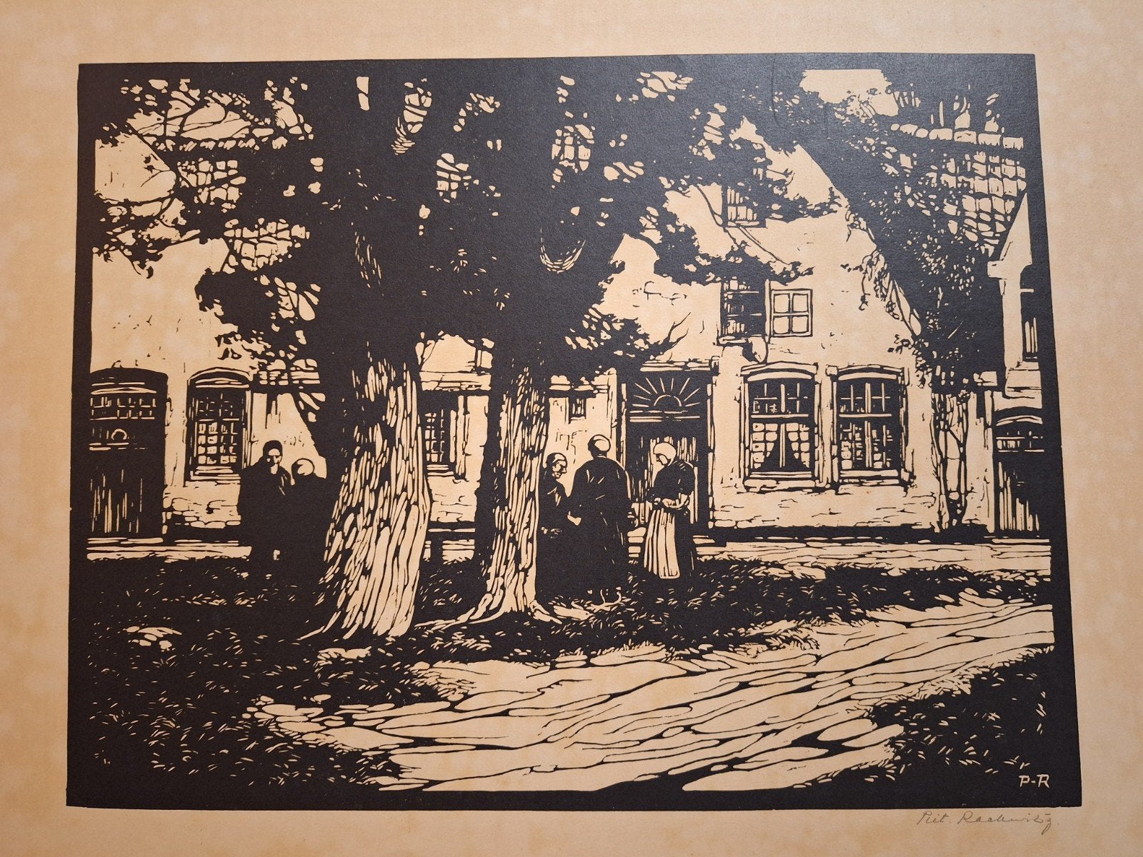 Houtsnede Boerinnen door Piet Rackwitz, Dagelijks leven, Ophalen of Verzenden, Gesigneerd, Houtsnede