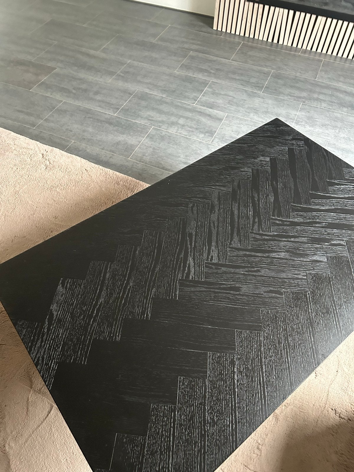 Moderne eettafel en salontafel set - Visgraat eikenhout, Ophalen, Eikenhout, 50 tot 100 cm, Zo goed als nieuw