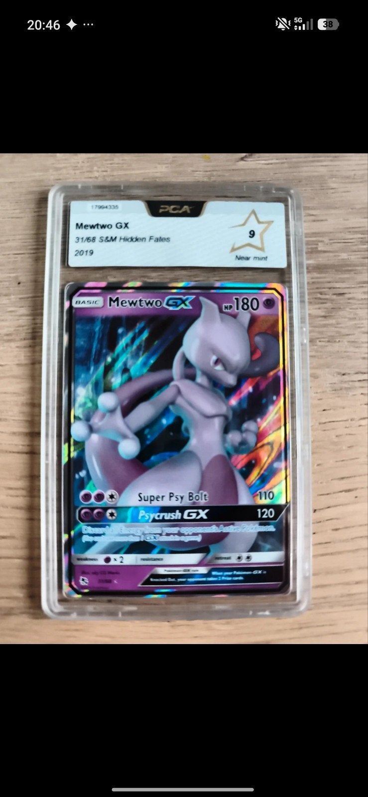 Mewtwo GX 31/68 Hidden Fates PCA 9 Near Mint Pokémon Kaart, Hobby en Vrije tijd, Ophalen of Verzenden, Zo goed als nieuw, Losse kaart