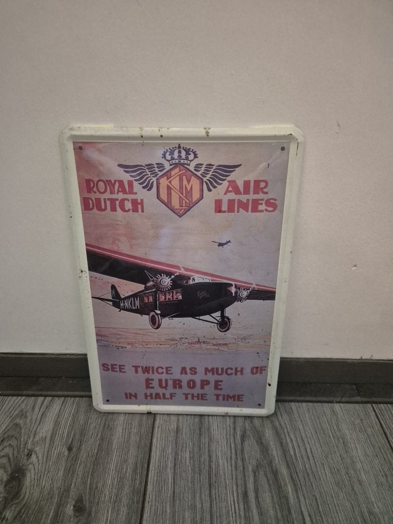 KLM Royal Dutch Air Lines retro metalen reclamebord, Ophalen of Verzenden, Zo goed als nieuw, Reclamebord