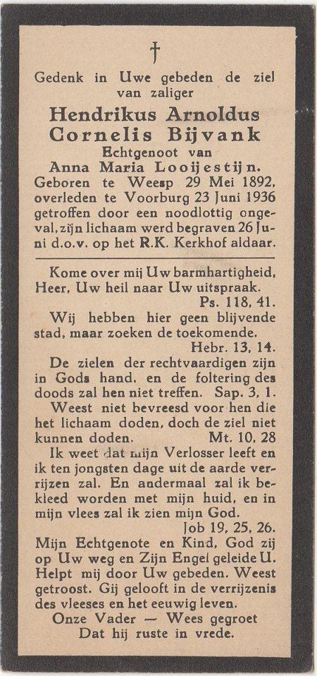 Hendrikus A.C. Bijvank 1892 Weesp + 1936 Voorburg, 44 jaar, Verzenden