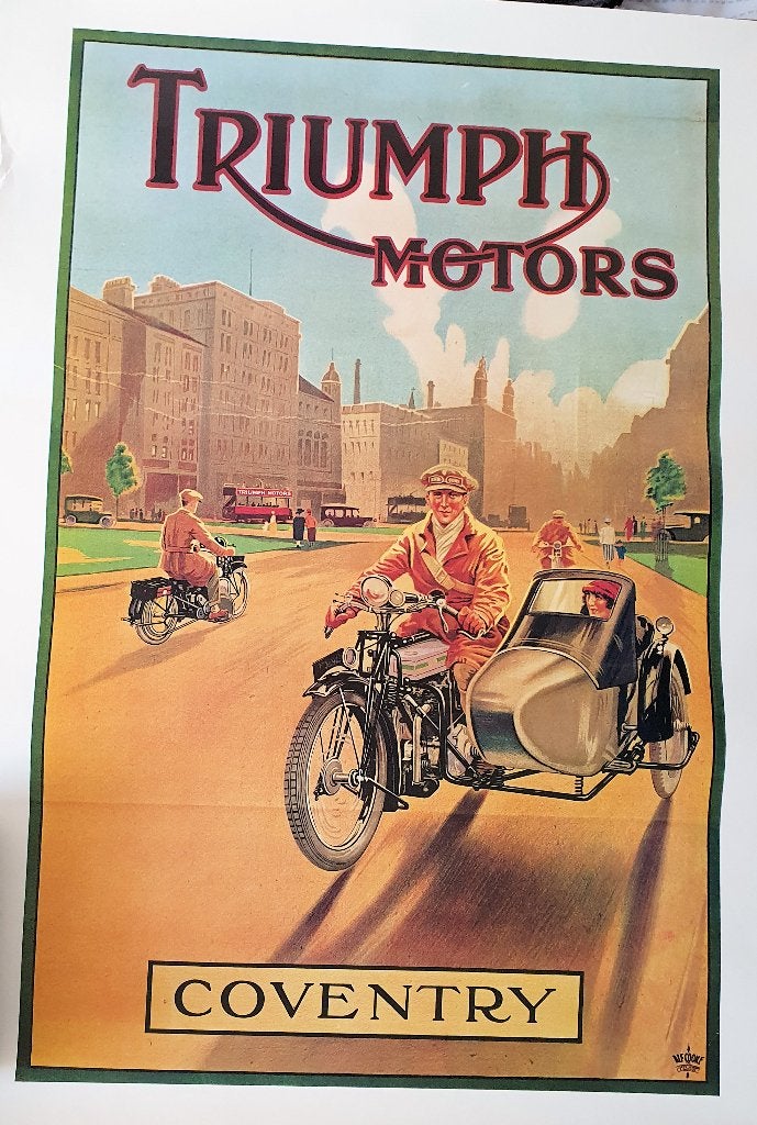 Vintage Triumph Motors Coventry Poster - Motorfiets Reclame, Rechthoekig Staand, Verzenden, Zo goed als nieuw, A1 t/m A3