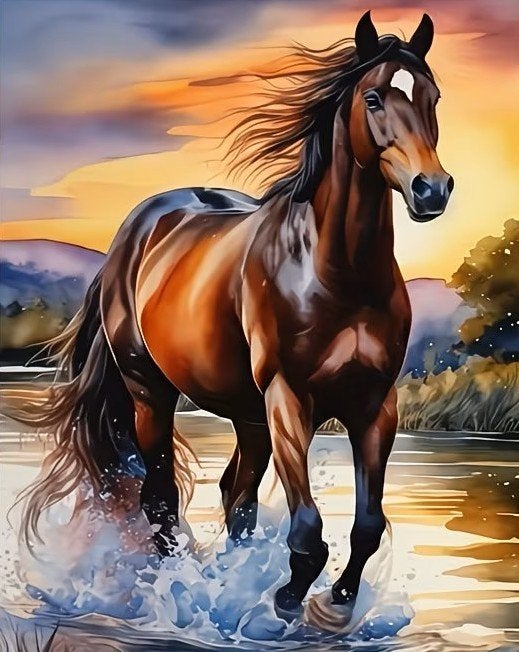 40x30cm Diamond Painting paard in water (rond) nr 280, Verzenden, Nieuw, Overige materialen, Overige merken