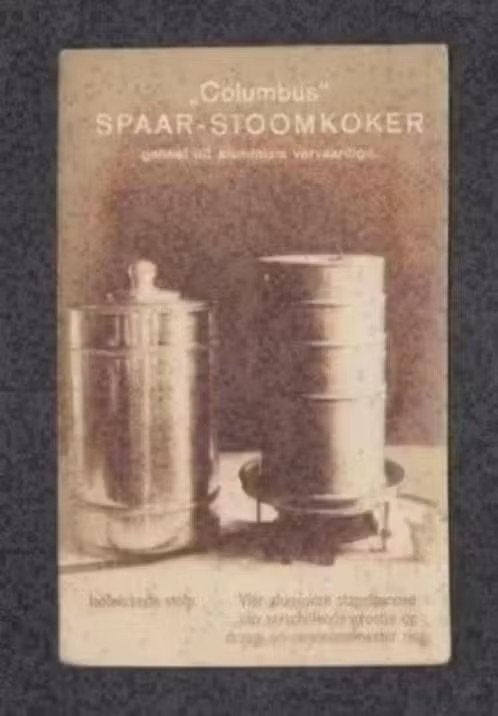 Reclamekaart Columbus Spaar Stoomkoker Stapelpannen., Ophalen of Verzenden, Voor 1920, Ongelopen, Overige thema's