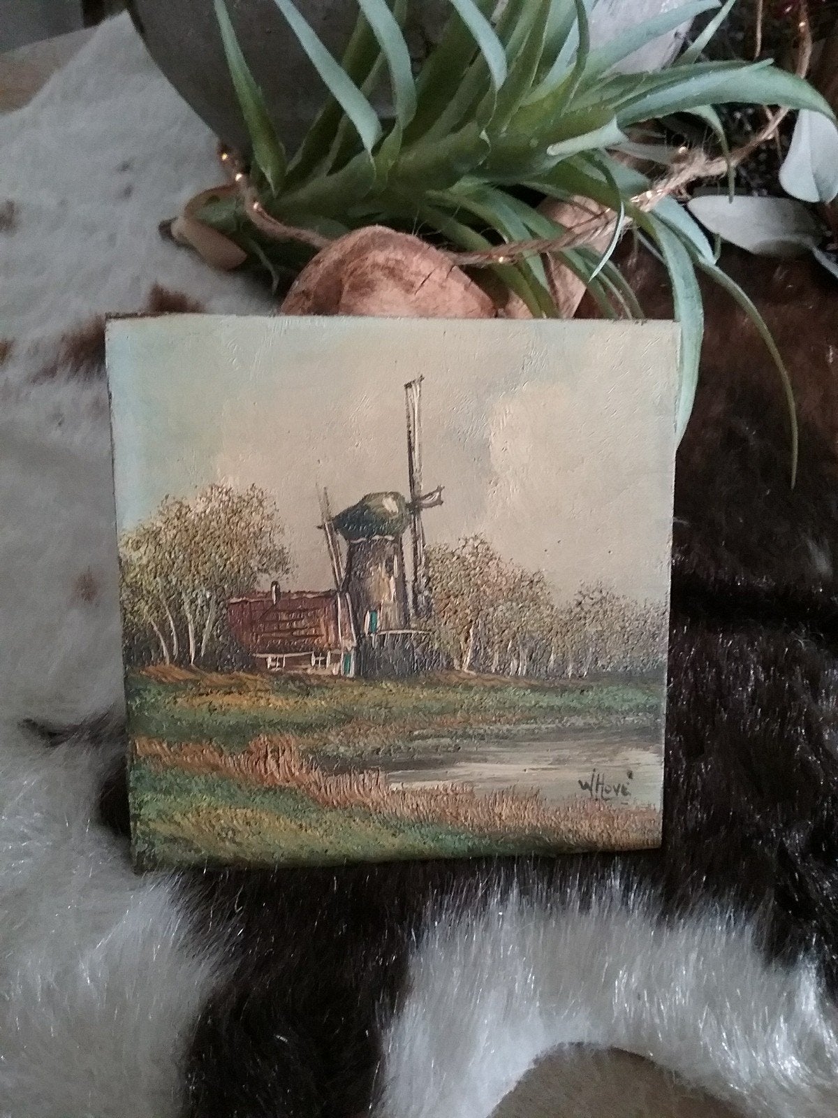 ANTIEK PANEELTJE... (olieverf.. W HOVE)., Ophalen of Verzenden, Handgeschilderd, Landschap, Paneel