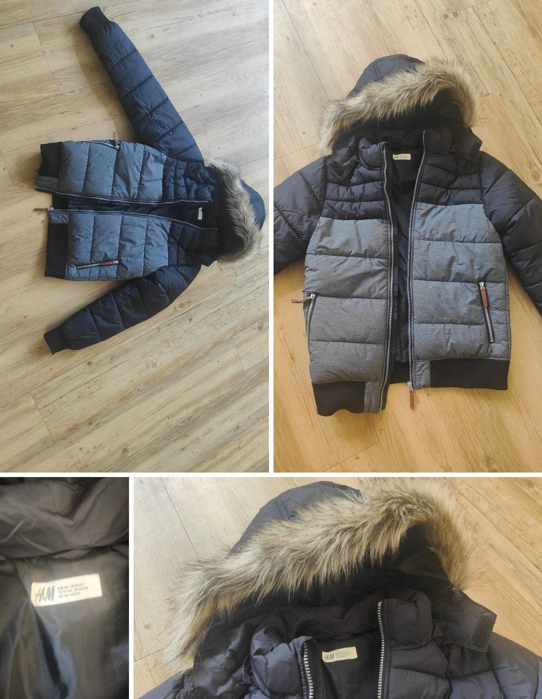 H&M winterjas zwart/grijs maat 164 met afneembare capuchon, Ophalen of Verzenden
