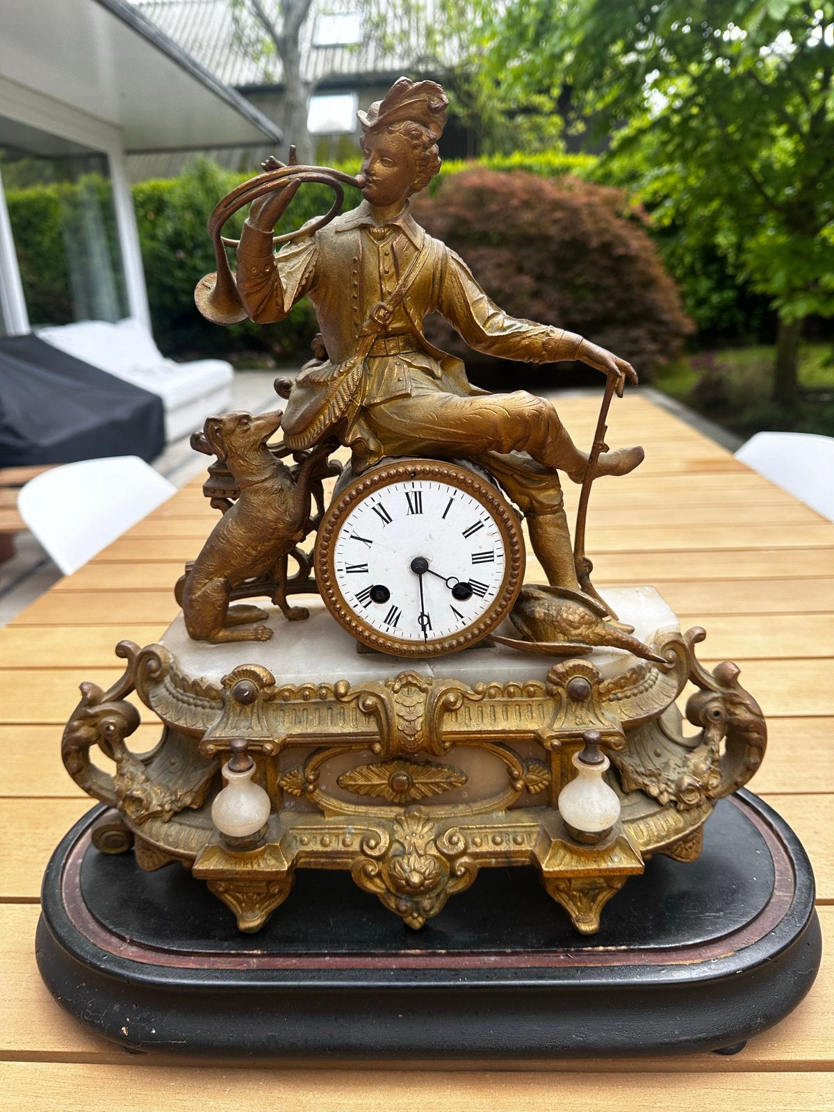 Antieke Franse bronzen jagerklok met marmeren basis, Antiek en Kunst, Antiek | Klokken, Ophalen of Verzenden