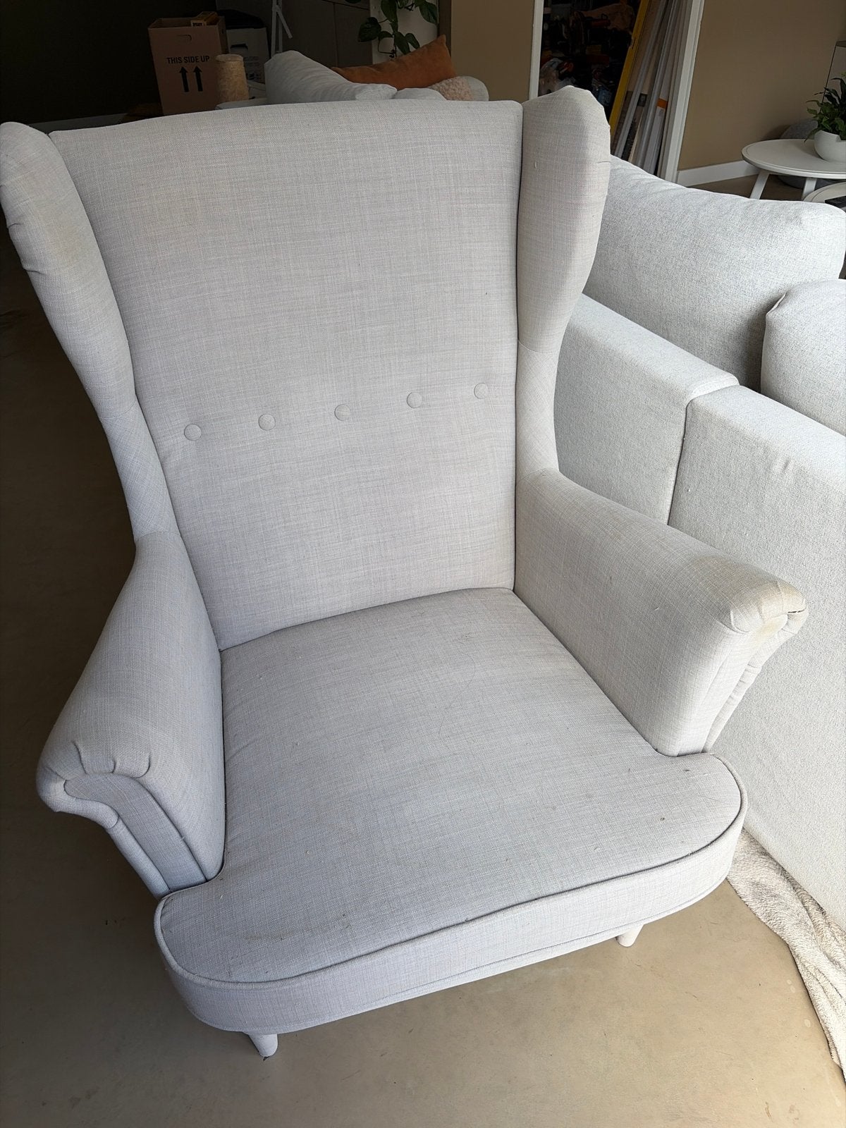 Beige IKEA Strandmon fauteuil, Huis en Inrichting, Ophalen, Gebruikt, Hout, 75 tot 100 cm