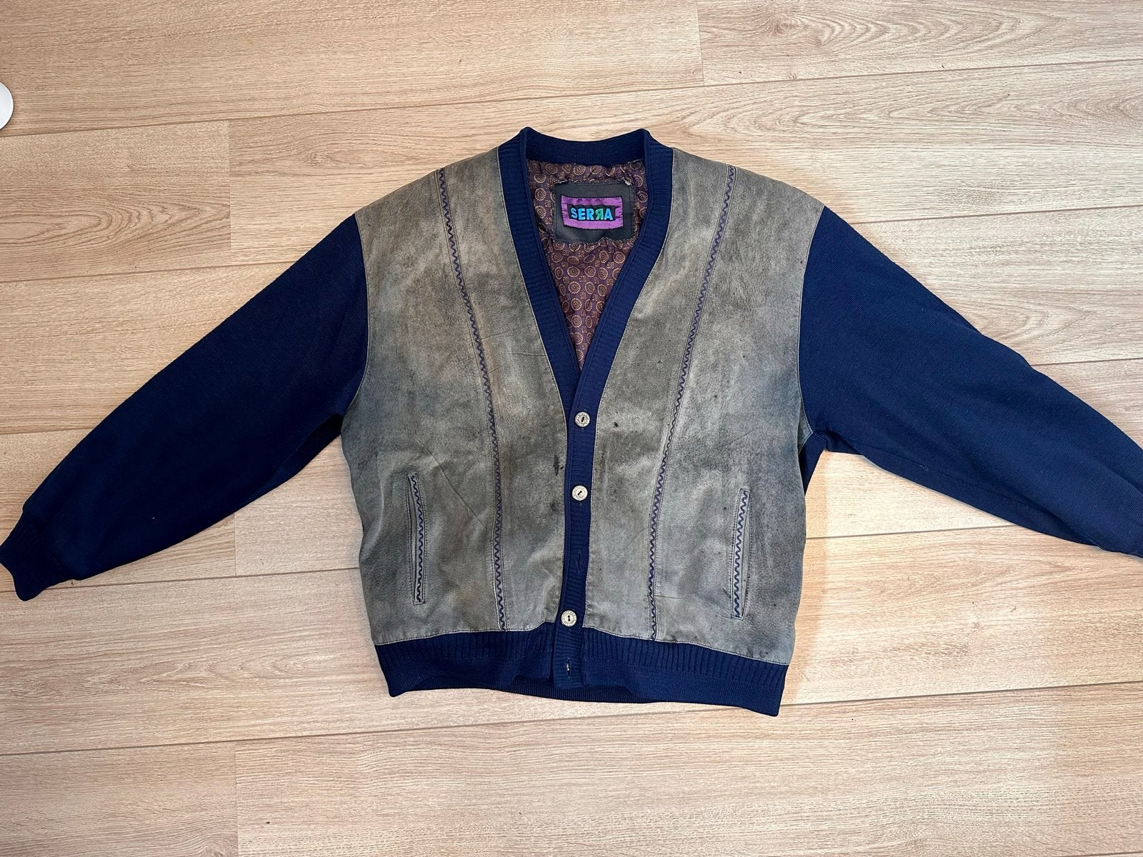 Vintage vest maat L, wol en suède leer, Ophalen of Verzenden, Gedragen, Overige maten, Blauw