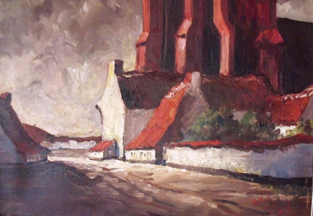 Lissewege  Vlaams stadje ., Doek, Impressionistisch, Ophalen of Verzenden, Olieverf