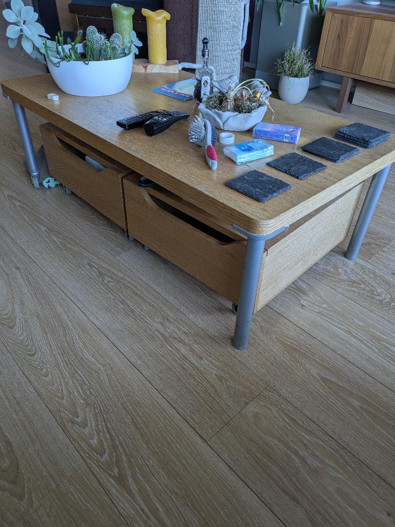 Ikea Journalist salontafel met opbergbakken, Ophalen, Gebruikt, 100 tot 150 cm, Eikenhout