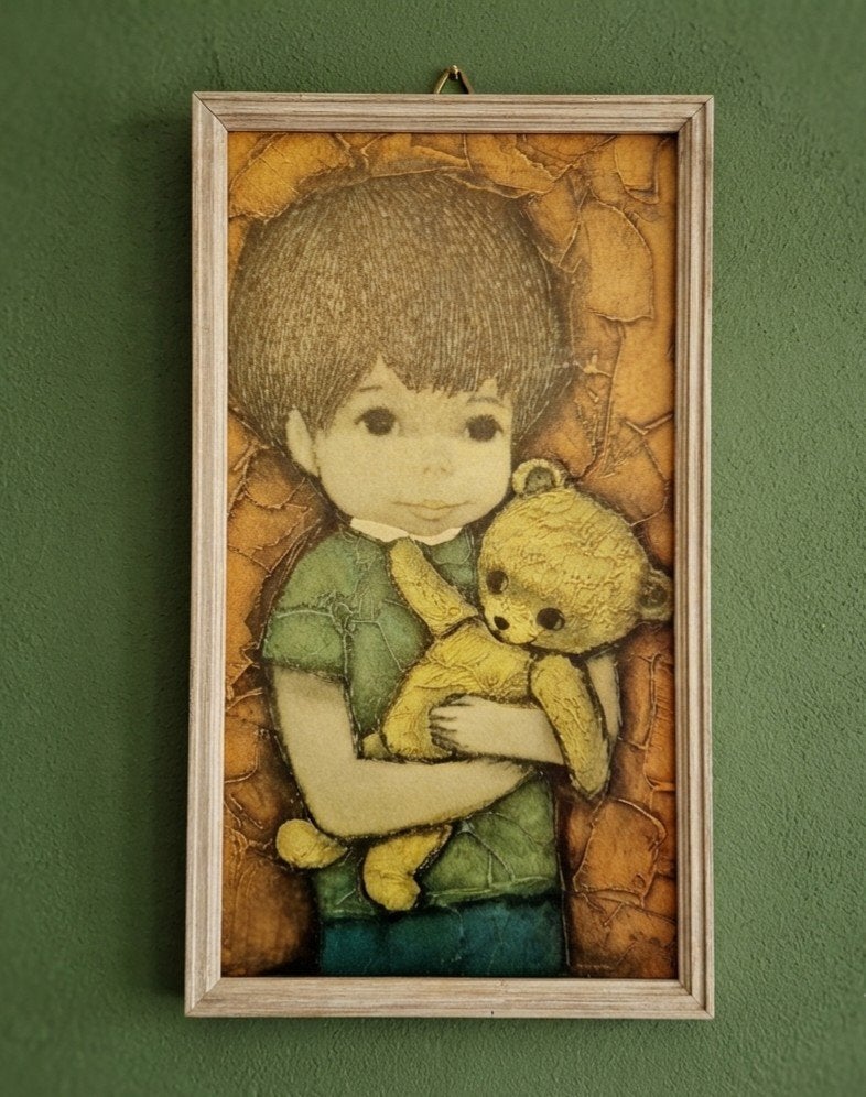 Vintage jaren '70 schilderij jongen met teddybeer, Verzamelen, Retro, Ophalen of Verzenden, Huis en Inrichting