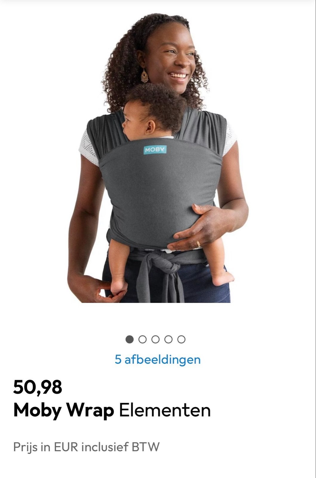Moby Wrap Elementen Draagdoek - Grijs, Overige merken, Draagdoek, Buik of Rug, Ophalen of Verzenden