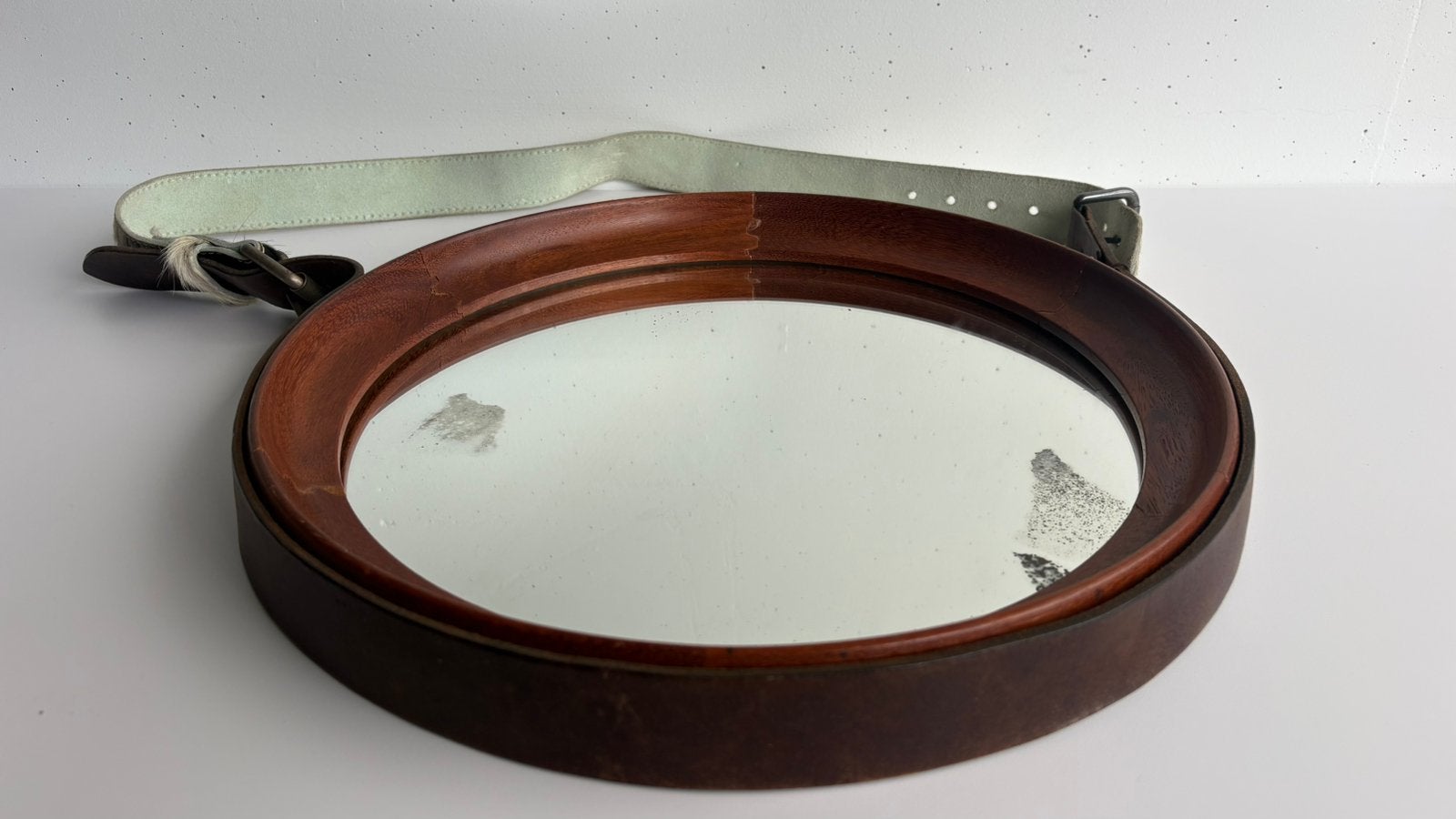 Vintage Mid Century Scandinavische design Spiegel hout rond, Ophalen, Rond, Minder dan 50 cm, Minder dan 100 cm