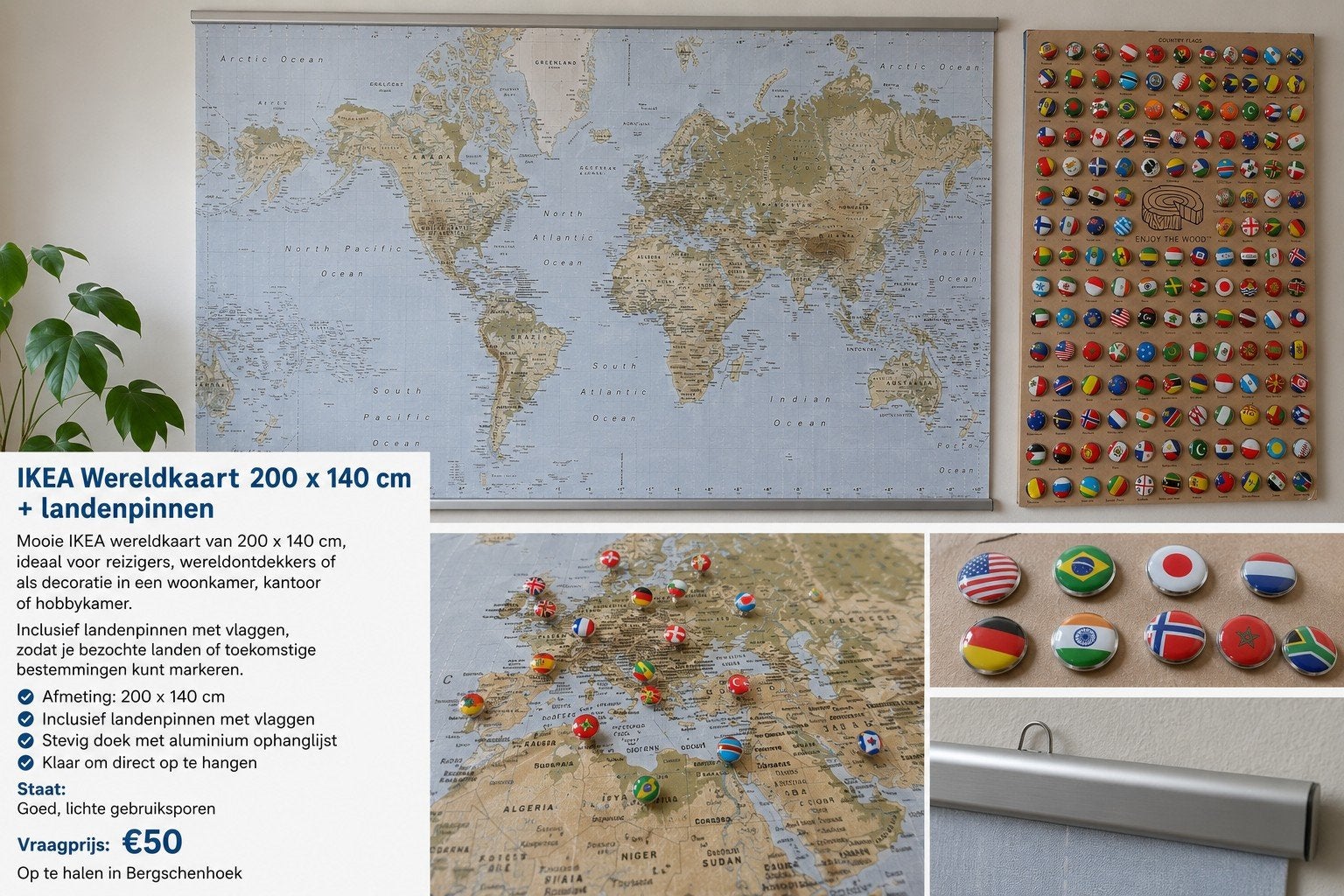 IKEA Wereldkaart 200 x 140 cm + landenpinnen, Ophalen