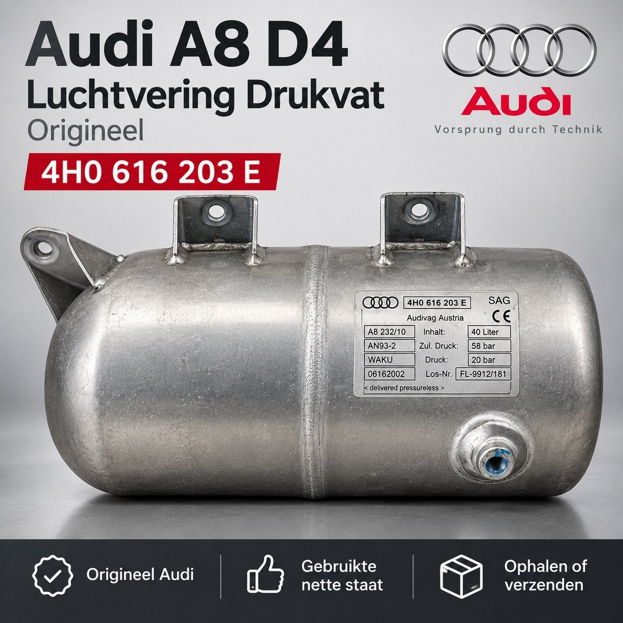 Origineel Audi A8 D4 luchtvering drukvat 4H0616203E, Ophalen of Verzenden, Gebruikt, Audi