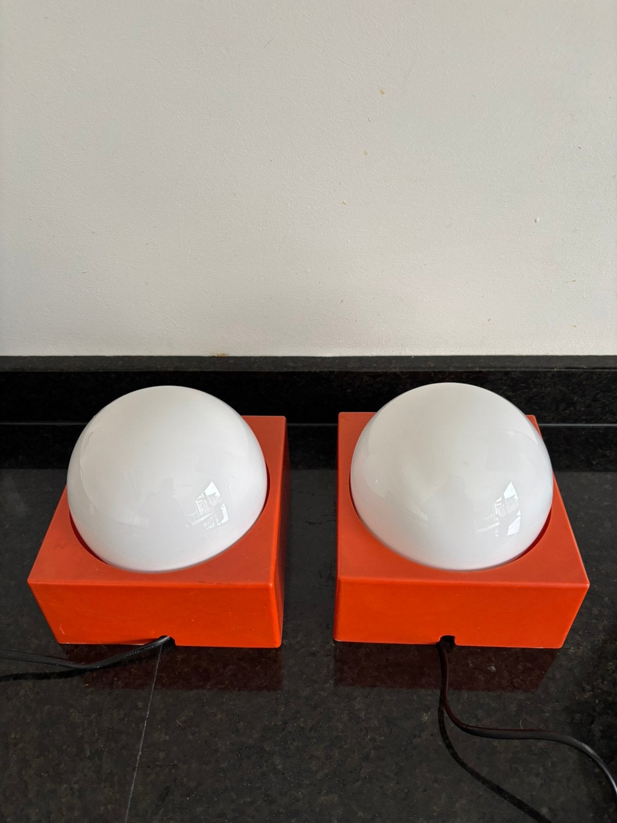 Vintage space age kubus tafellampen feloranje & opaline glas, Ophalen of Verzenden, Gebruikt, Glas, Vintage