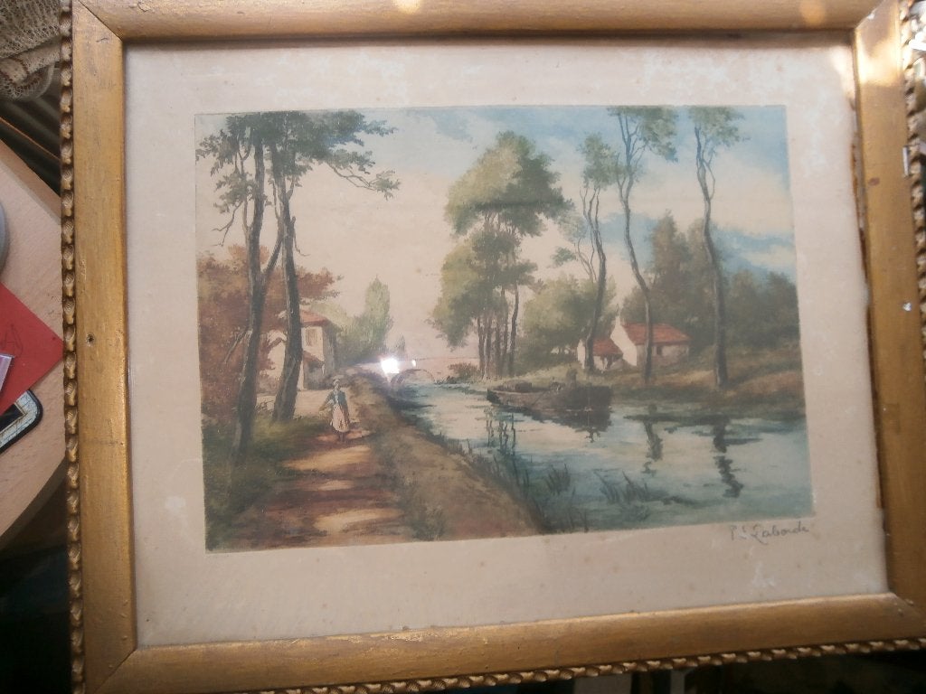 AQUAREL, LA BORDE (FR. ?? met gebroken glas, Antiek en Kunst, Kunst | Schilderijen | Klassiek, Ophalen, Expressionistisch, Landschap