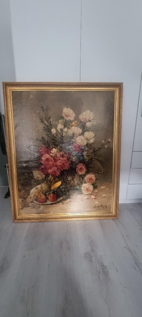 Olieverfschilderij: Bloemen en fruit stilleven, Ophalen, Doek, Realistisch, Stilleven