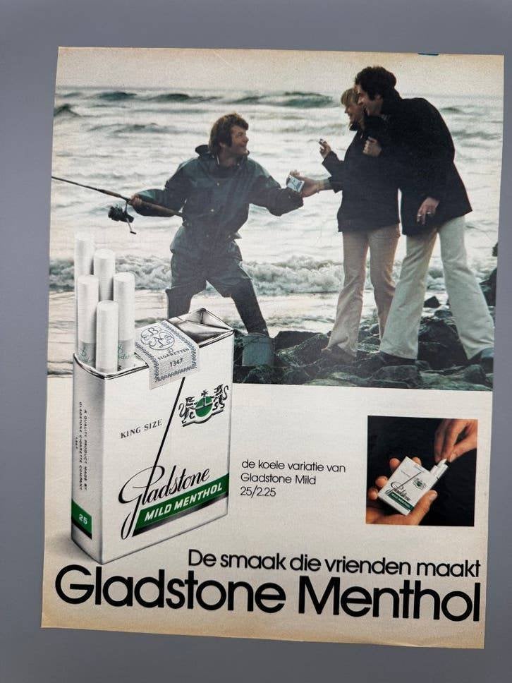 Vintage reclame Gladstone Menthol, strand en hengelaar, Verzenden, Gebruikt, Overige typen