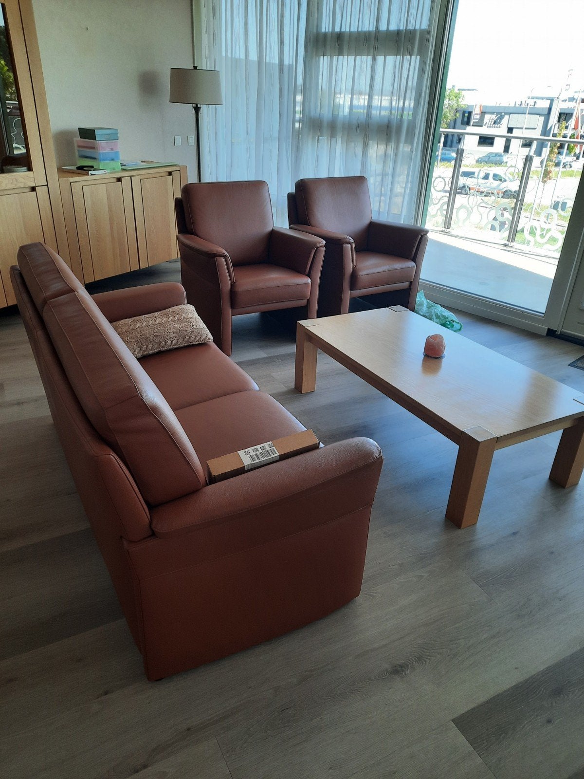 Bankstel (2p) en 2 fauteuils, leer, Ophalen