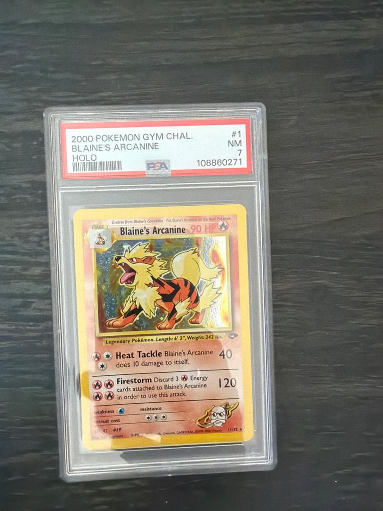 PSA 7 Blaine's Arcanine Holo 2000 Pokémon Gym Challenge, Ophalen, Zo goed als nieuw, Losse kaart