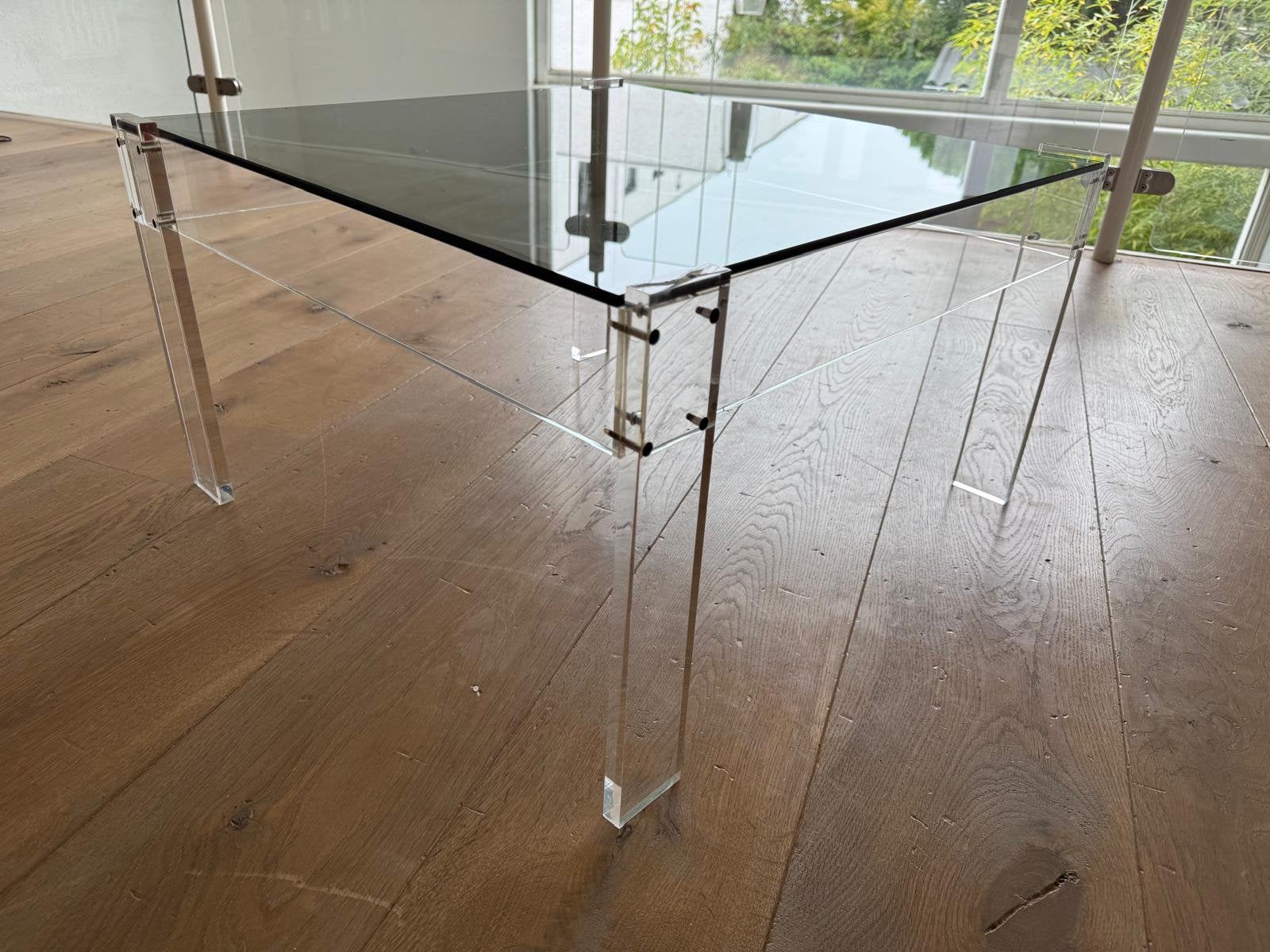 Vintage lucite & glas salontafel, Ophalen, Gebruikt, 100 tot 150 cm, 50 tot 100 cm