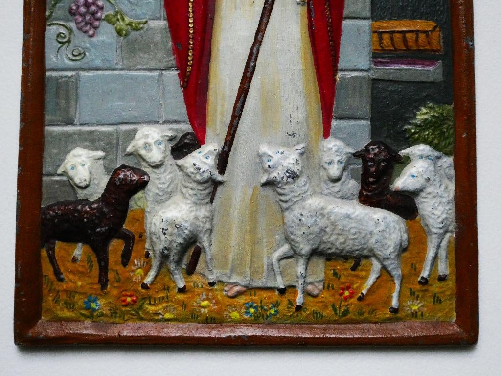 Plaquette Jezus De Goede Herder geschilderd gietijzer, Antiek en Kunst, Antiek | Religie, Ophalen of Verzenden