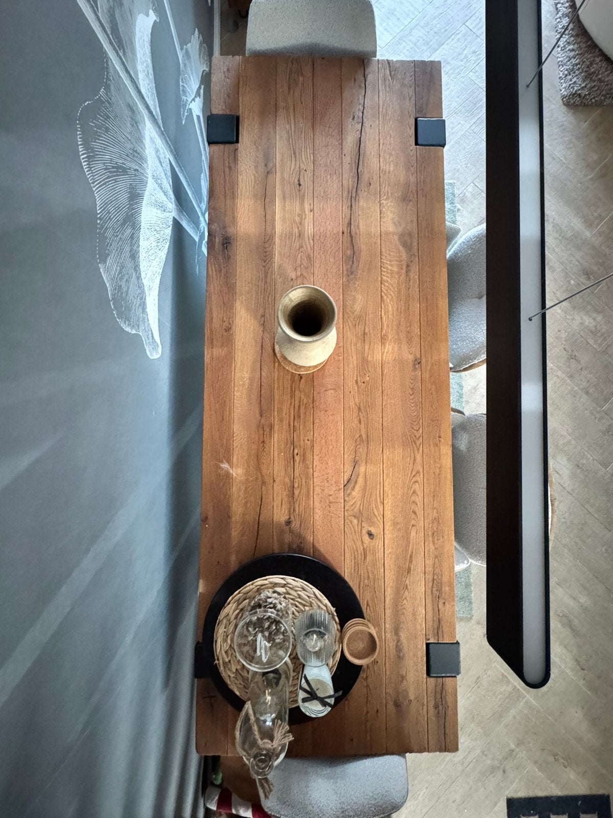 Robuuste eikenhouten eettafel met metalen zwart onderstel, Ophalen, Eikenhout, 200 cm of meer, 50 tot 100 cm