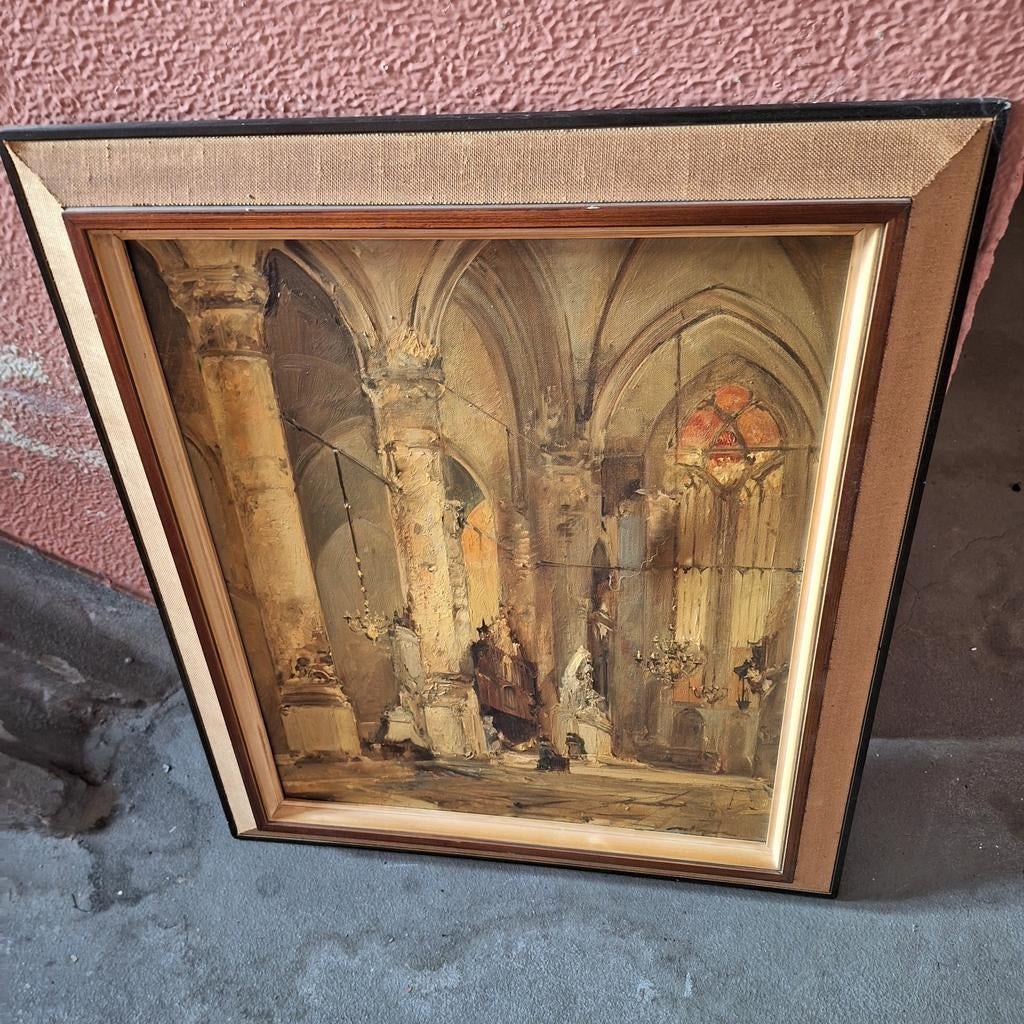 Vintage Schilderij Kerk Interieur - Olieverf op doek, Ophalen of Verzenden