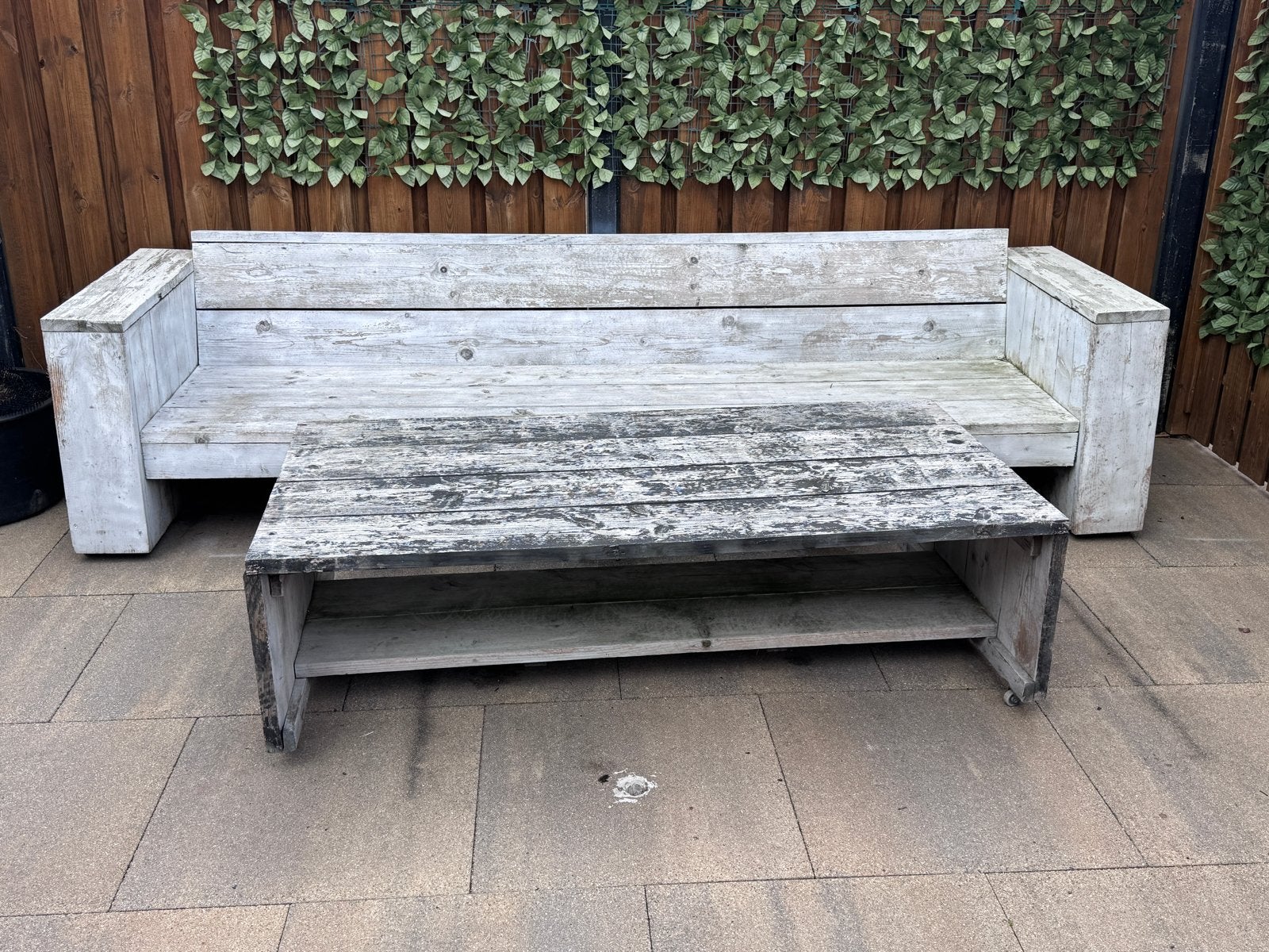 Gebruikte steigerhouten tuinbank met salontafel, Gebruikt, 3 zitplaatsen, Steigerhout, Ophalen of Verzenden