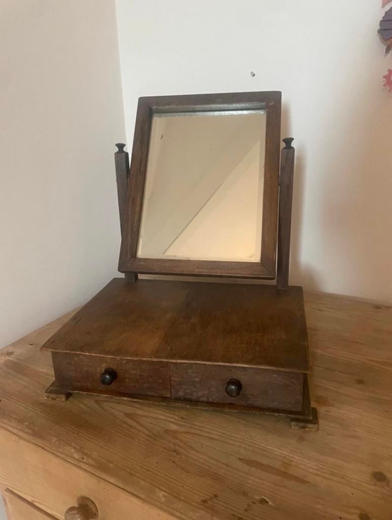 Antieke scheerspiegel met lades - H44xB36xD26 cm, Antiek en Kunst, Ophalen of Verzenden, Rechthoekig, Minder dan 50 cm, Minder dan 100 cm