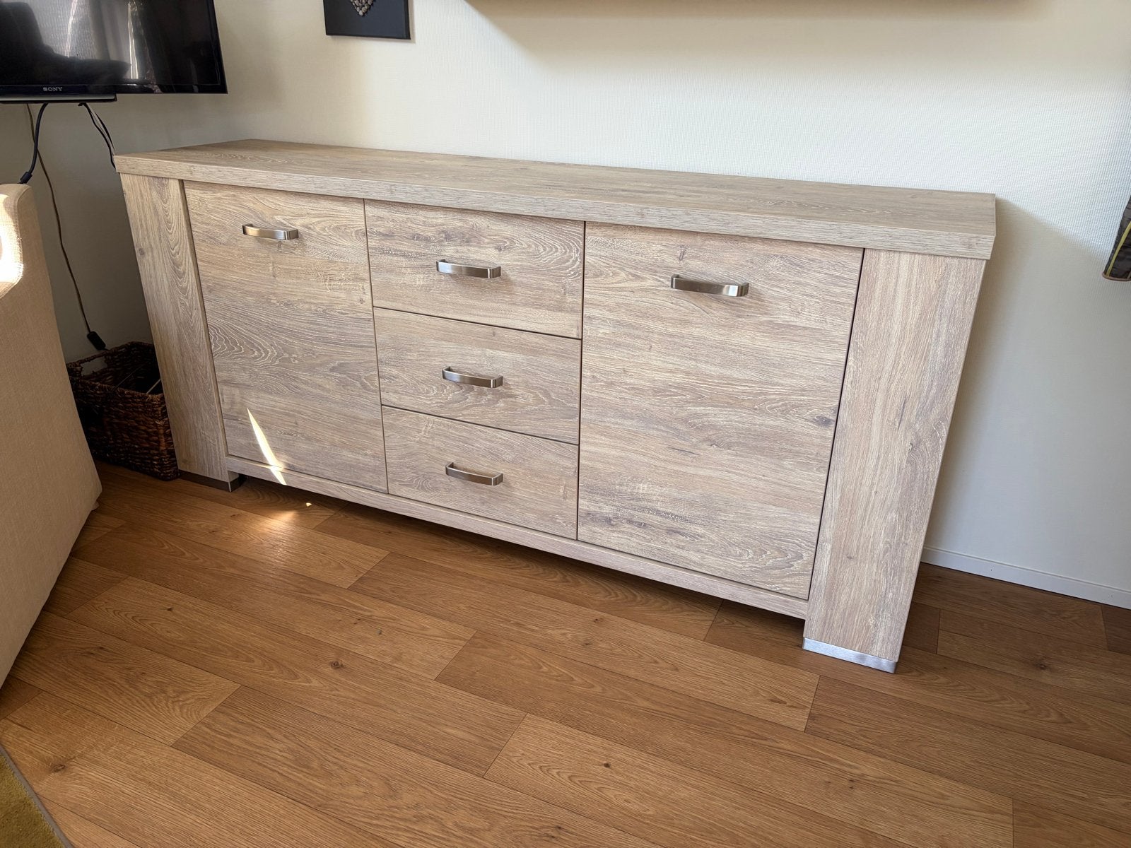 Dressoir licht eiken Lamalux - 2 deuren, 3 lades, Ophalen, 150 tot 200 cm, Zo goed als nieuw, Met lade(s)