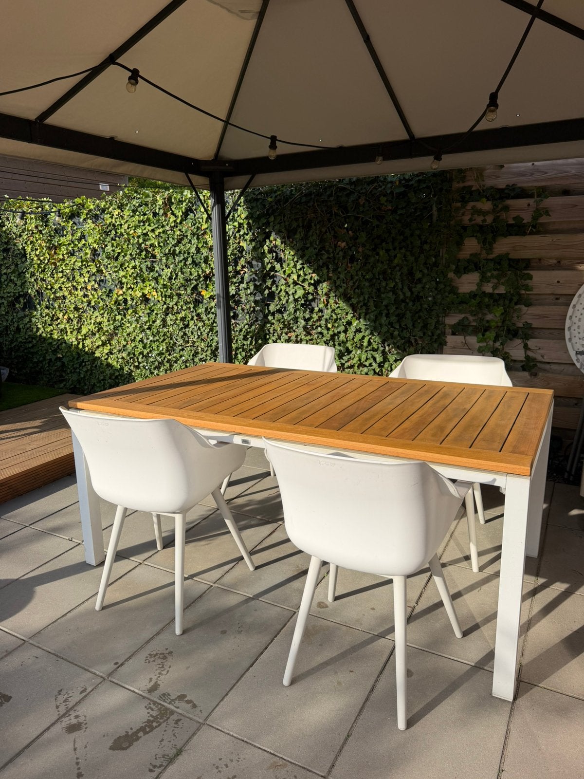 Bellagio teakhout tuintafel + 4 hartman kuipstoelen, Tuin en Terras, 4 zitplaatsen, Gebruikt, Teakhout, Ophalen of Verzenden