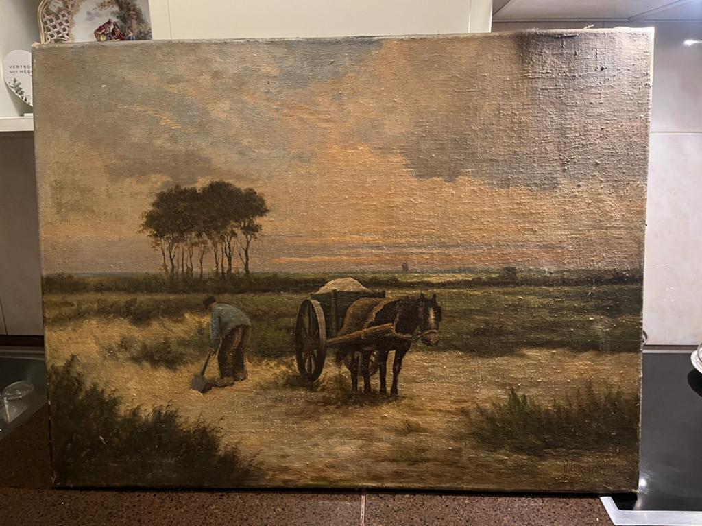 Groot antiek olieverf schilderij op doek, Ophalen of Verzenden