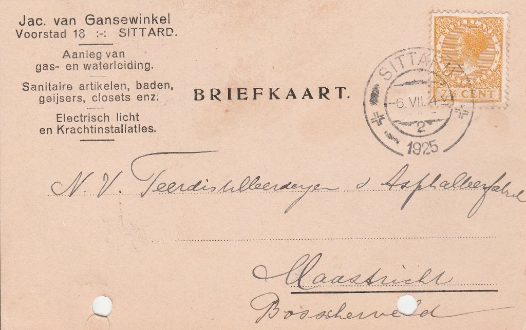 SITTARD 1925 Jac van GANSEWINKEL Voorstad 18 Gas en Water, Verzenden, 1920 tot 1940, Gelopen, Limburg