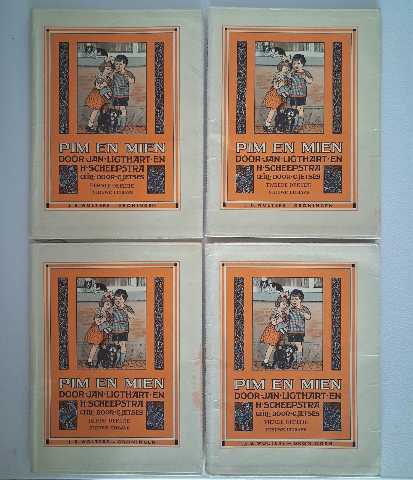 Set antieke kinderboeken ‘Pim en Mien’ (Deel 1 t/m 4), Antiek en Kunst, Ophalen of Verzenden, Jan Ligthart en H. Scheepstra - Geïllustreerd Cornelis Jetses