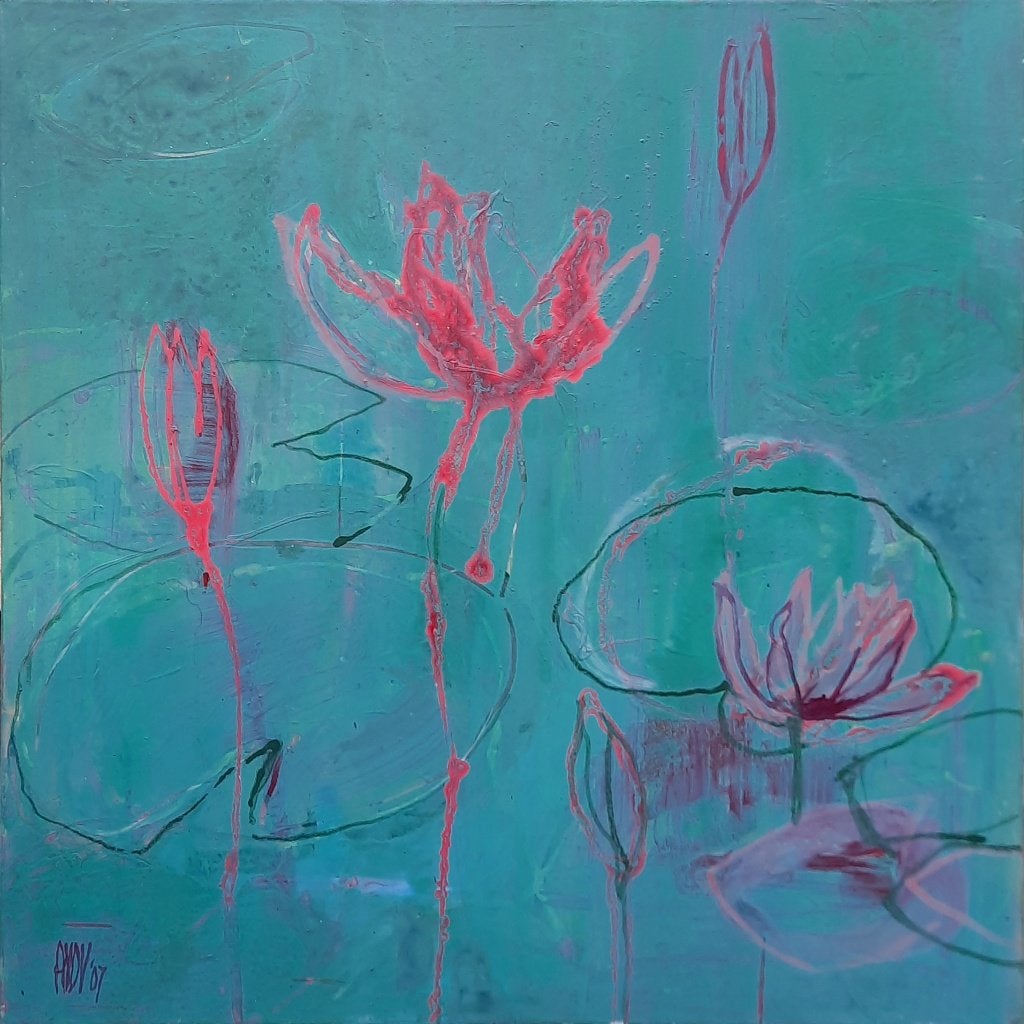 Lotusbloemen - Annette van de Vegte, Antiek en Kunst, Ophalen, Gesigneerd, Acrylverf, Bloemen