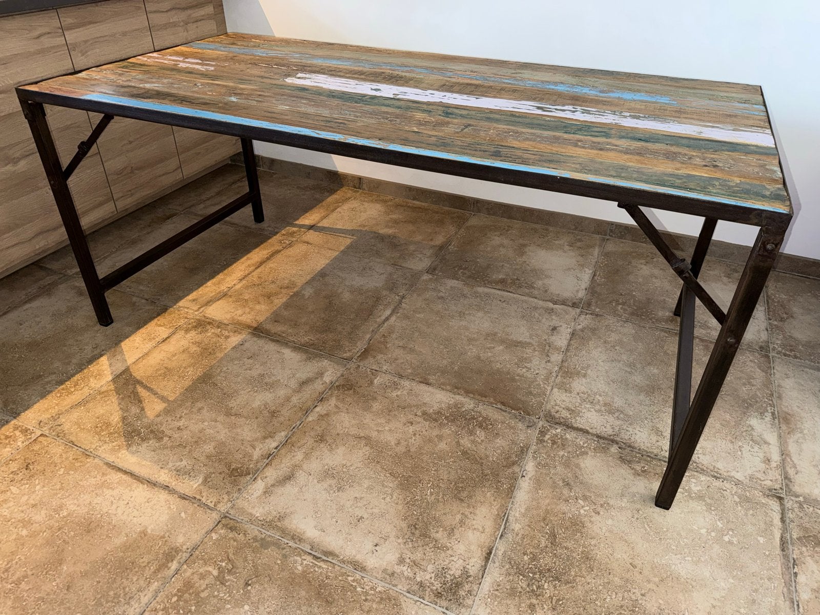 Industriële tafel met gerecycled houten blad, Ophalen, Gebruikt, 100 tot 150 cm, 50 tot 100 cm