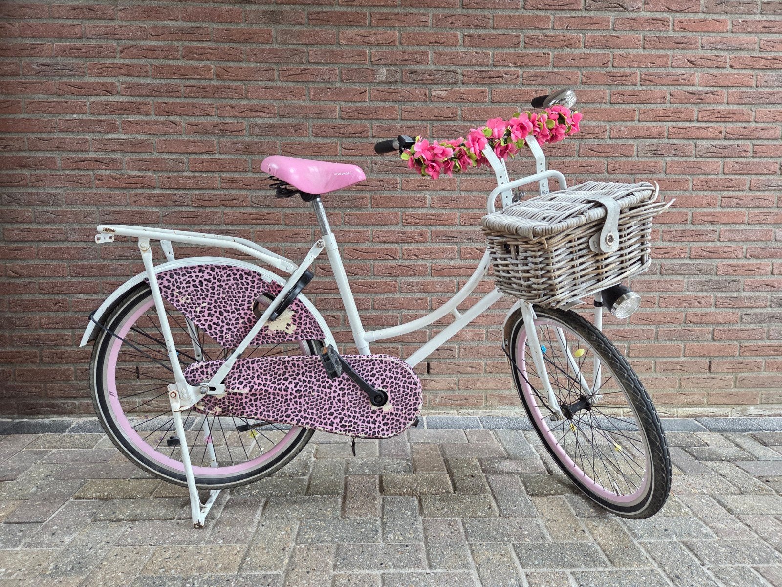 Popal 24 inch Meisjesfiets (Panterprint & Roze) + Mandje, Terugtraprem, Gebruikt, Minder dan 47 cm, Ophalen